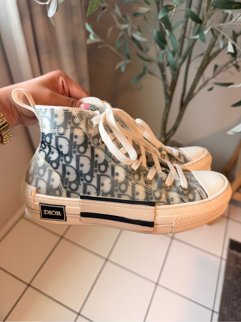 Dior High-Top Logo Sneakers in Navy and White